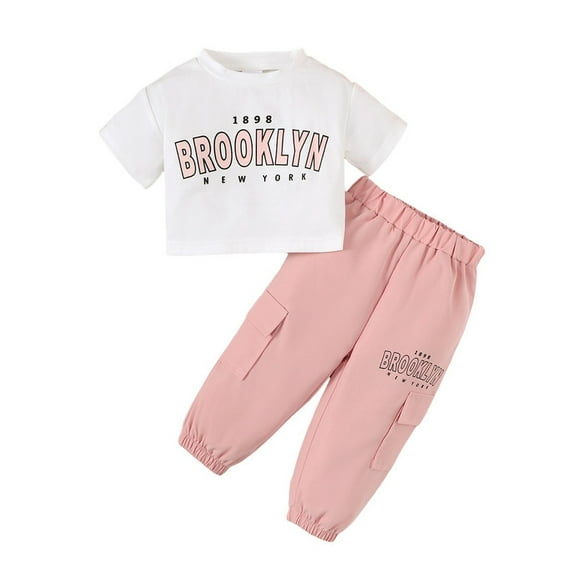 Newborn Baby Girl Clothes "Brooklyn" Letter Printed Round Neck White Top Pink Pants Set 2PCs Infant Outfits