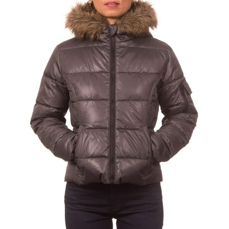 Juniors Down Blend Hooded Puffer Jacket with Faux Fur