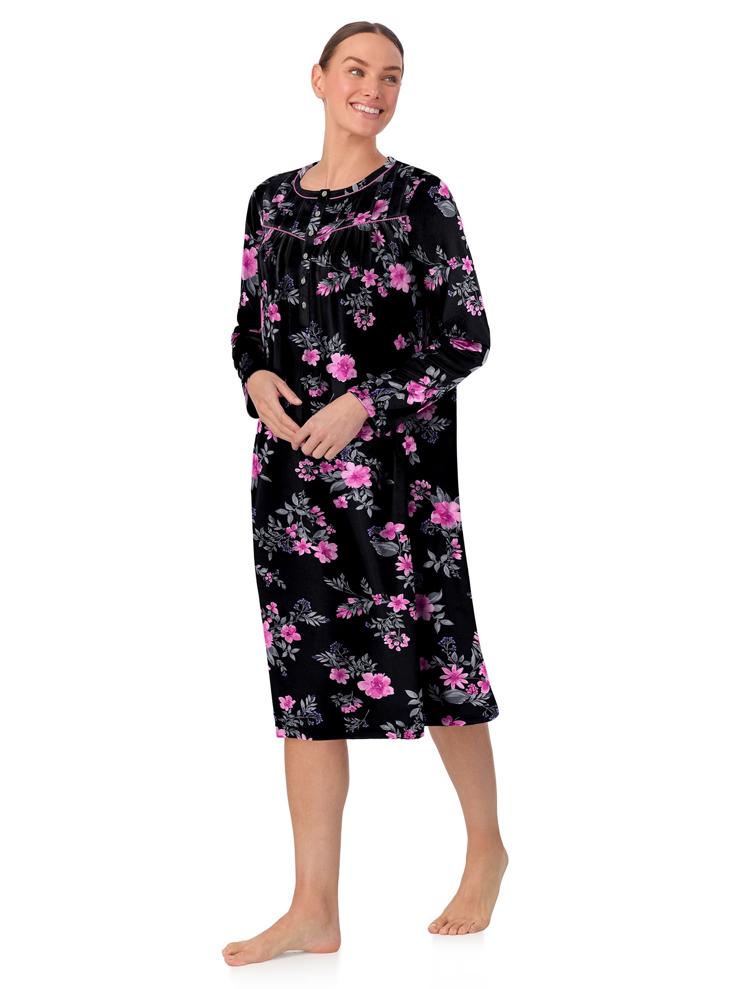 Aria Women’s Long Sleeve Strech Velour 44" Sleepwear Gown with Braided Trim, Sizes XS-5X