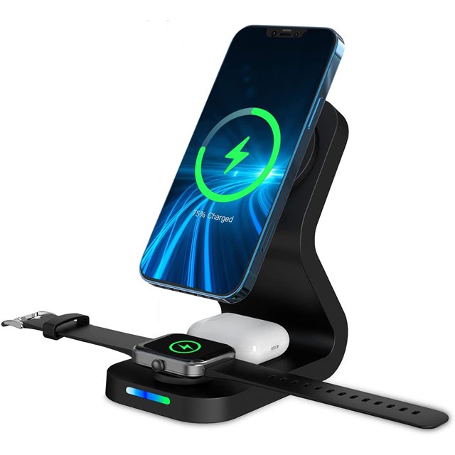 Estación de carga inalámbrica cargador inalámbrico magnético 3 en 1 para iPhone 13/12/Pro/Pro Max/Mini Airpods y Apple iWatch SeriesNegro Fokelyi 223215-1