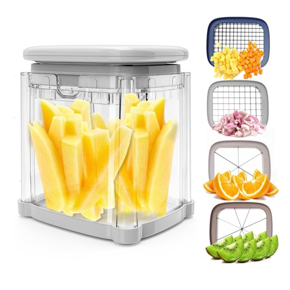 French Fry Cutter 4-in-1, Manual Vegetable Chopper with 4 Interchangeable Blades for Potato Fries Onion Dicing Apple Slicing, Multi-Functional Food Dicer and Slicer with Container