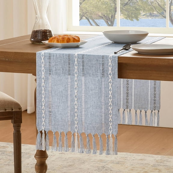 USTOP Hemstitched Farmhouse Table Runner, Blue 13x72 Inch, Cotton Linen Table Runners 72 Inches Long, Embroidered Striped Blue Boho Table Runner Rustic Home Decor.