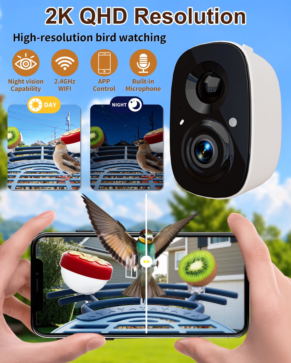 Bird Feeder with Camera, 2K HD Camera Birds Feeder with Bath Wireless Outdoor, Solar Powered Bird Watching with APP Control, Night Vision, Motion Detection Alerts, IP66 Birdfeeder for Backyard, Blue