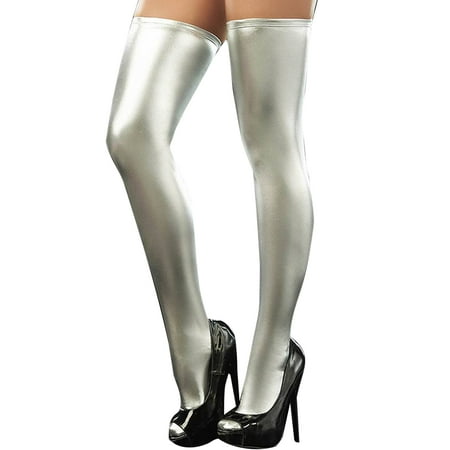 

Haite Ladies Leggings Wet Look Leather Stockings Thigh High Stretchy Tights Over Knee Women Slim Solid Color Shinny Silver One Size