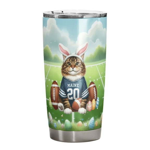 Happy Easter Hello Spring Maine Coon Playing Football 20oz Stainless Steel Tumbler Insulated Cup with Lid Cat Lover Kitten Owner Gifts - 13003