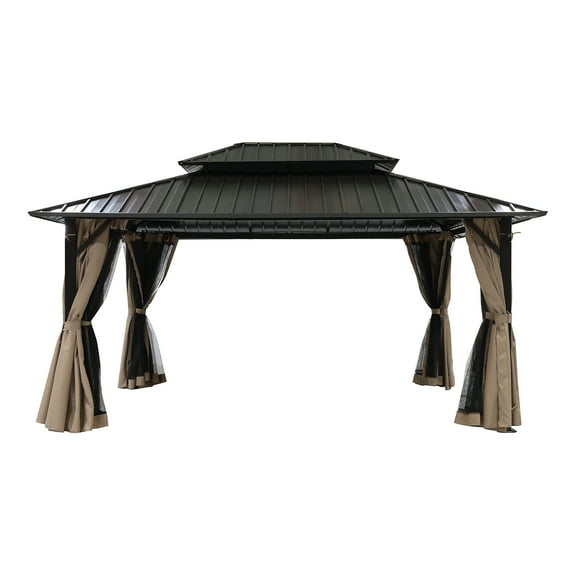 10'x12' Hardtop Gazebo with Double Roof & Mosquito Netting, Khaki All-Weather Outdoor Shelter with TripleLock Frame - Dual-Layer Ventilation for Patio and Garden