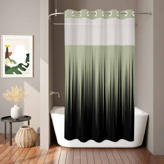 Sage Green Black Striped Art No Hook Shower Curtain with See Through Top Window,Abstract Line Gradient Waterproof Shower Curtains for Home Hotel Bathroom Decor,36x72in