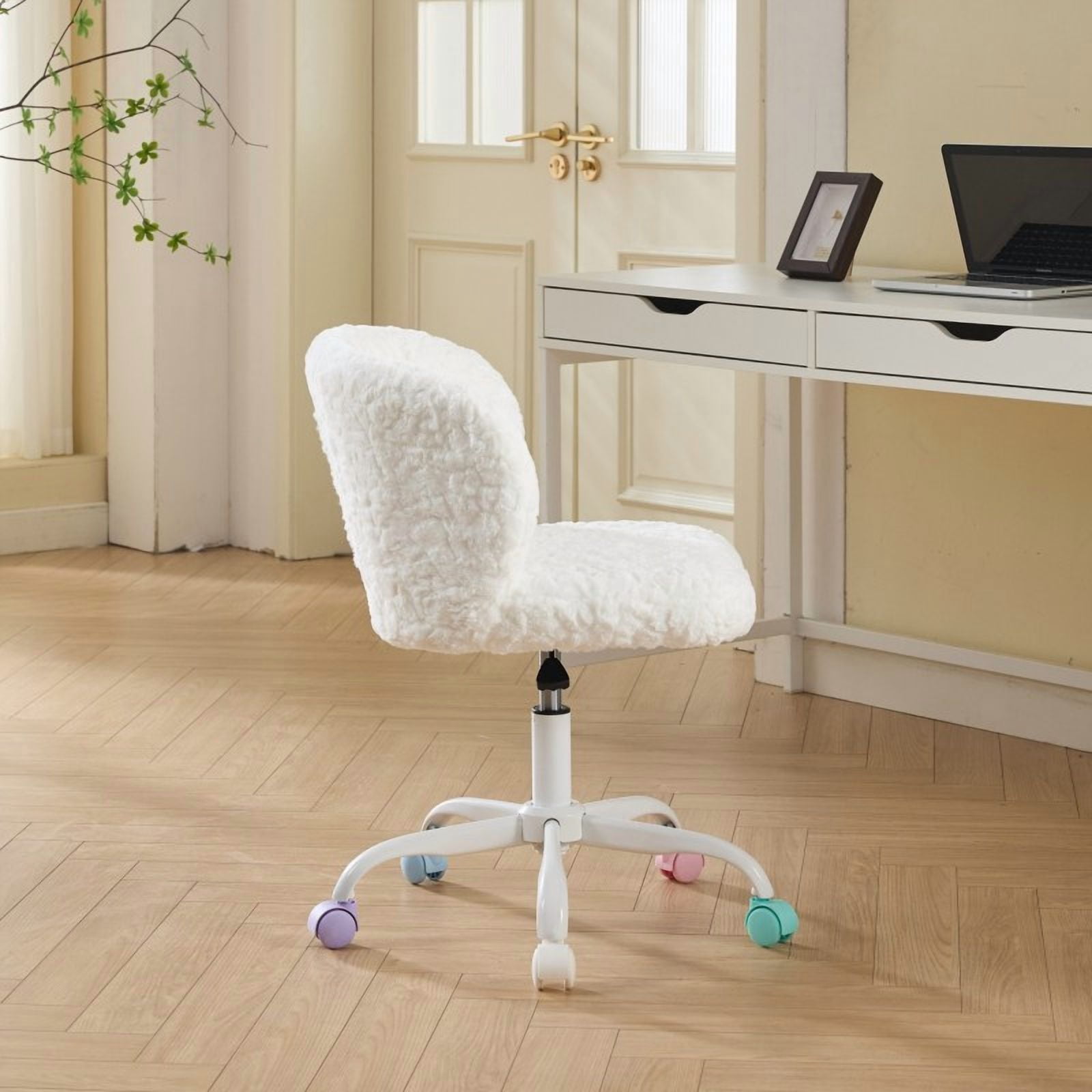 White Fuzzy Desk Chair with Wheels, Fluffy Vanity Chair for Women & Teens, Faux Fur Swivel Makeup Chair, Adjustable Height for Bedroom Small Space
