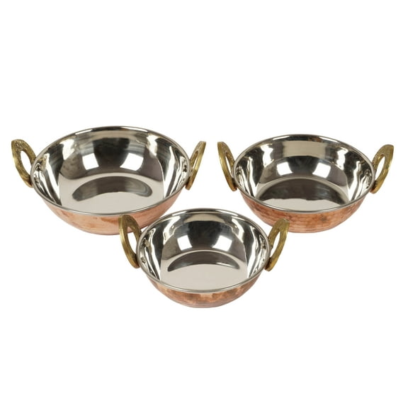 Trifri Stainless Steel CopperKadaiW/ Handle Authentic Indian Serving Bowl Hammered Design Set Of 3 Vegetable Dinner Serving Bowl Karahi (450ml, 800ml, 1250ml)
