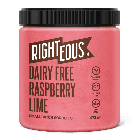 RIGHTEOUS GELATO DAIRY FREE RASPBERRY LIME SORBETTO, RIGHTEOUS GELATO RASPBERRY LIME-Dairy Free Sorbetto made sweet with BC raspberries and slightly sour of fresh lime juice.