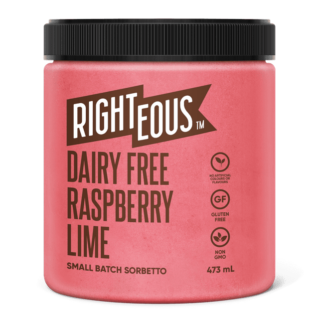 Righteous Gelato Dairy Free Raspberry Lime Sorbetto, RIGHTEOUS GELATO RASPBERRY LIME-Dairy Free Sorbetto made sweet with BC raspberries and slightly sour of fresh lime juice.