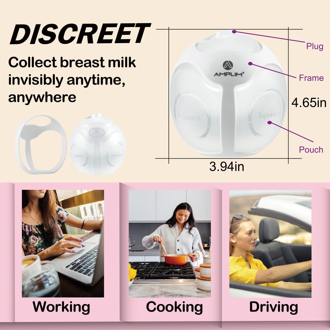 Amplim Wearable Manual Breast Pump, In-Bra Hands-Free Silicone Milk Collector for Breastfeeding, Strong Letdown Suction, Leakproof 4oz Milk Saver, Comfortable Nursing Shells, HSA/FSA Eligible, White
