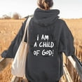 thumbnail image 2 of Fiaer Women Hoodies Long Sleeve I Am a Child of God Sweatshirt Crew Neck Drawstring Novelty Graphic Fall Tops with Pocket Grey XL, 2 of 5