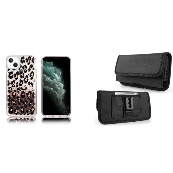 Liquid Glitter Case for iPhone 14 and Belt Holster Pouch - Leopard