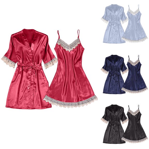 YHAJDS Sleep Set for Women 2 Piece Lace Satin Nightgown And Robe Pajama Set for Women