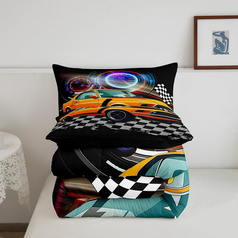 Boys Sports Car Bedding Set Queen - Race Car Dashboard Print Comforter & Pillowcases, Machine Washable