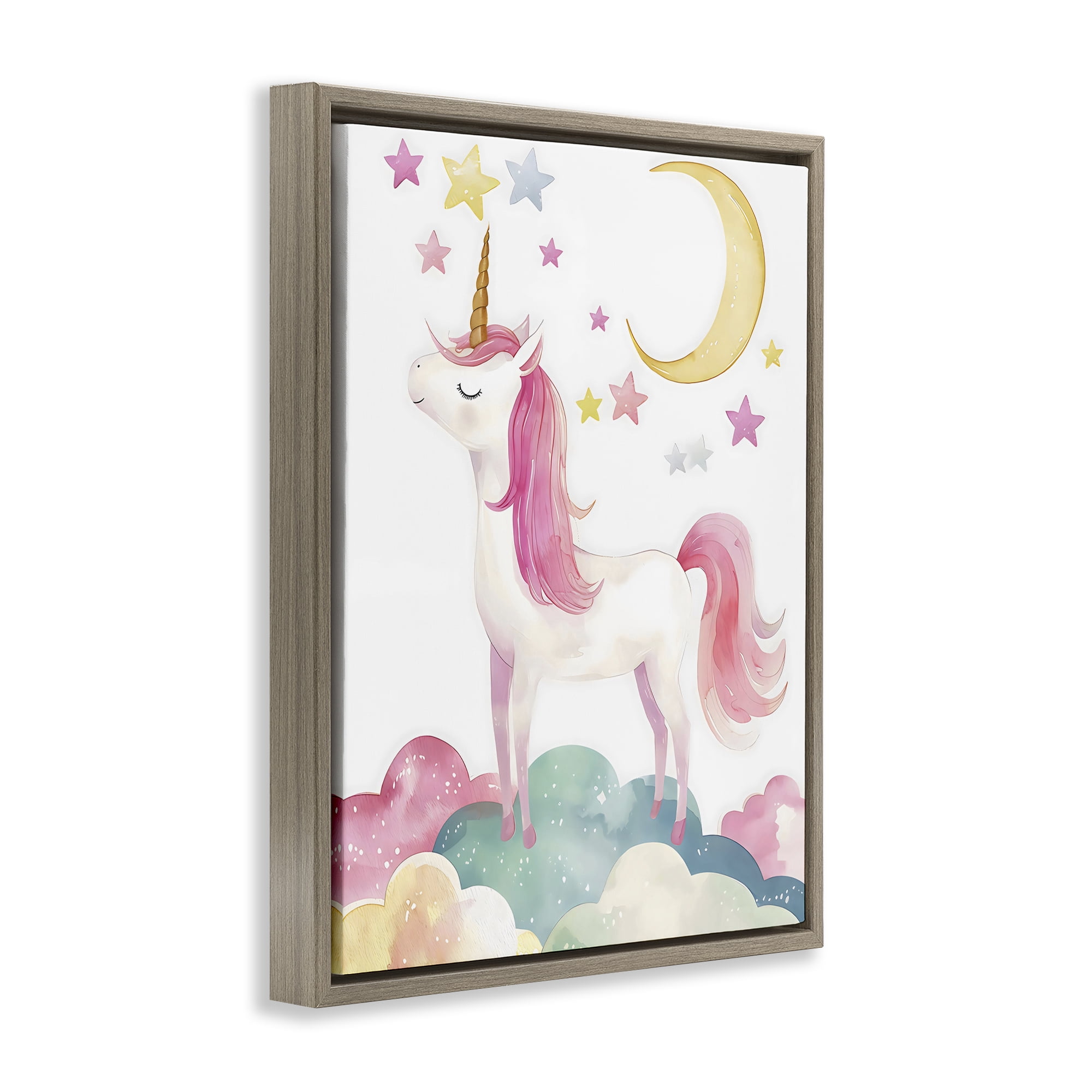 Stupell Industries Unicorn Standing On Clouds Brown Framed Floater Canvas Wall Art, design by Creative Studio