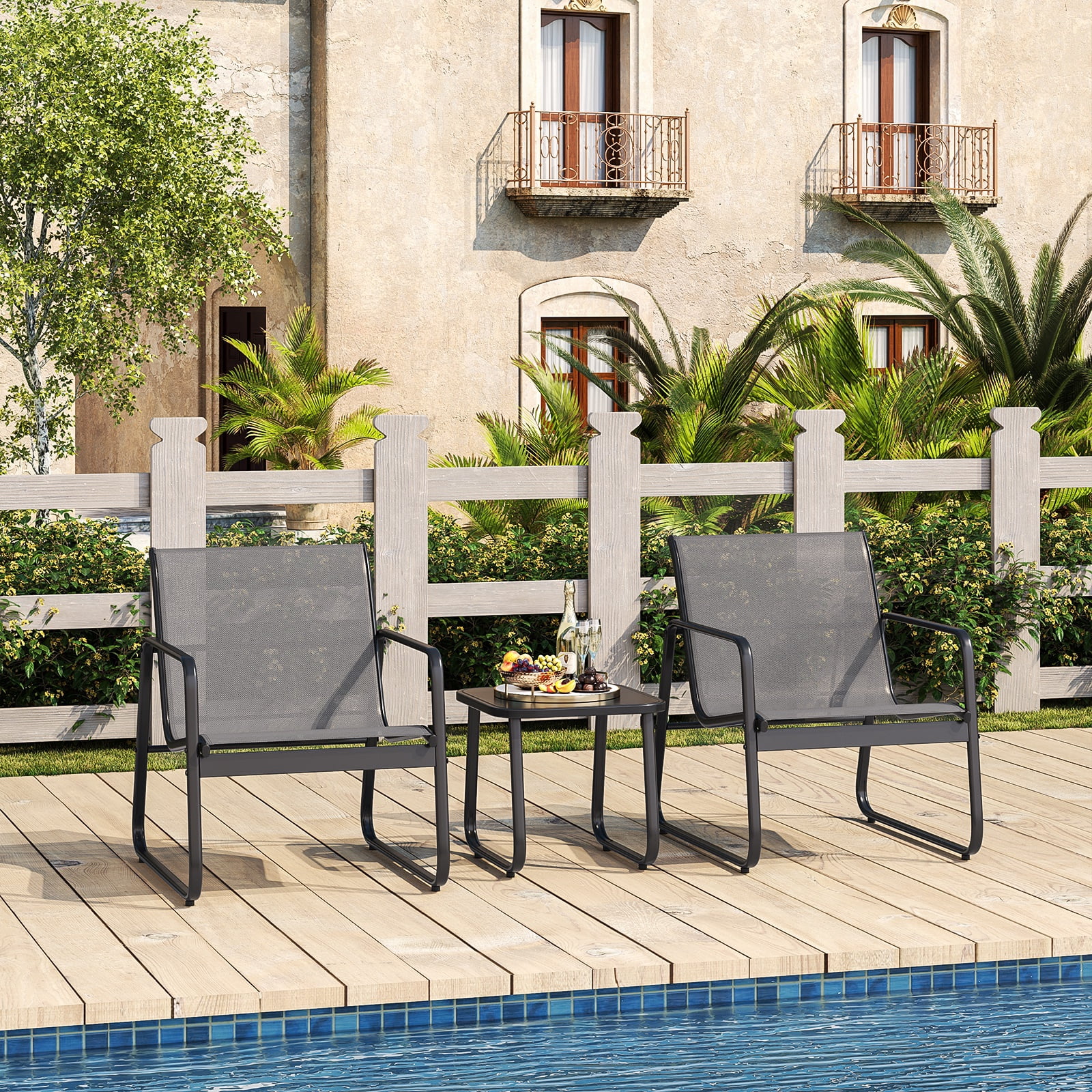 Asofer 3-Piece Outdoor Patio Furniture Set with Glass Table, Bistro Chairs Set for Poolside, Porch, Lawn, Gray