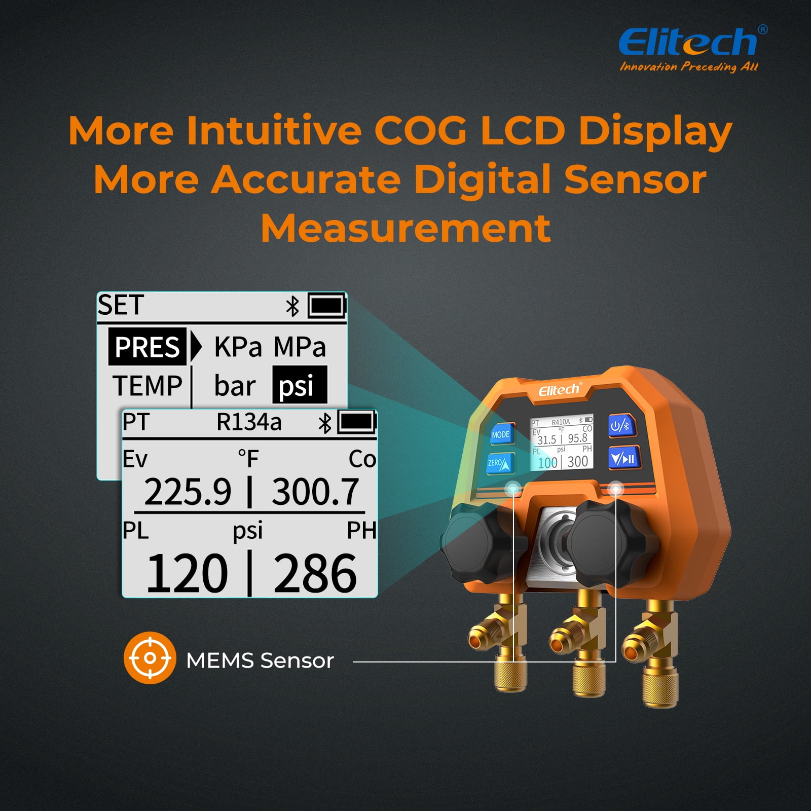 Elitech DMG-4B Digital Manifold Gauge, App Operated HVAC Gauges for Air Conditioning Systems and Heat Pumps, A/C Diagnostic Manifold Gauge