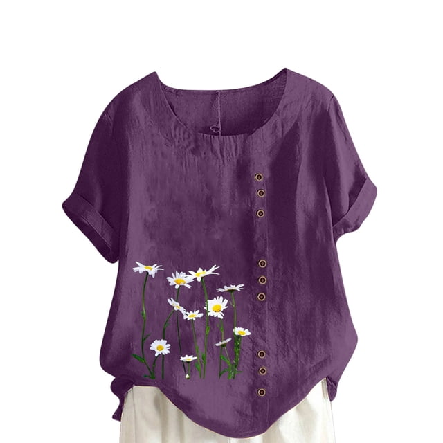Cameland Hauts pour Femmes Col Rond Manches Courtes Imprimé Floral Chemise Ample