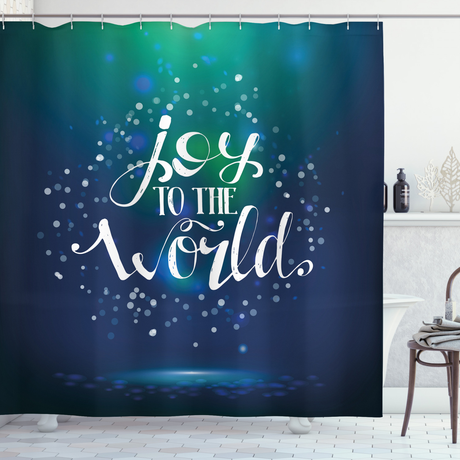 Ambesonne Joy Shower Curtain, Calligraphy Joy to World, 69"Wx70"L, Dark Blue White - image 1 of 3