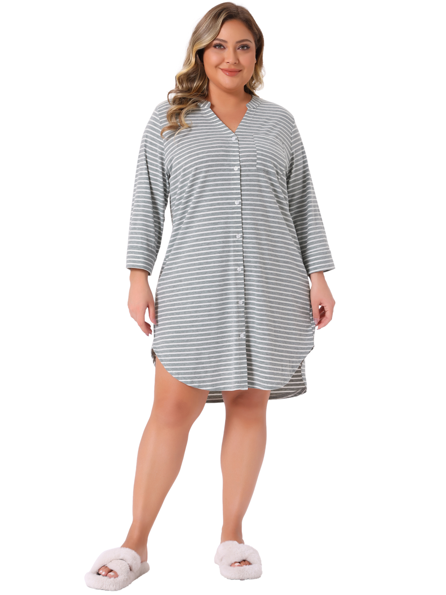 DARING DIVA Women's Plus Size Button Down V Neck 3/4 Sleeve Nightgown 2X Gray