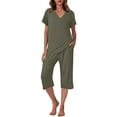thumbnail image 2 of Feancey Soft Pjs for Women Set Summer Short Sleeve V Neck Pajama and Capri Pant Lounge Sets Solid Color Loose Sleepwear 2 Piece Outfits Sale Of The Day Army Green L, 2 of 10
