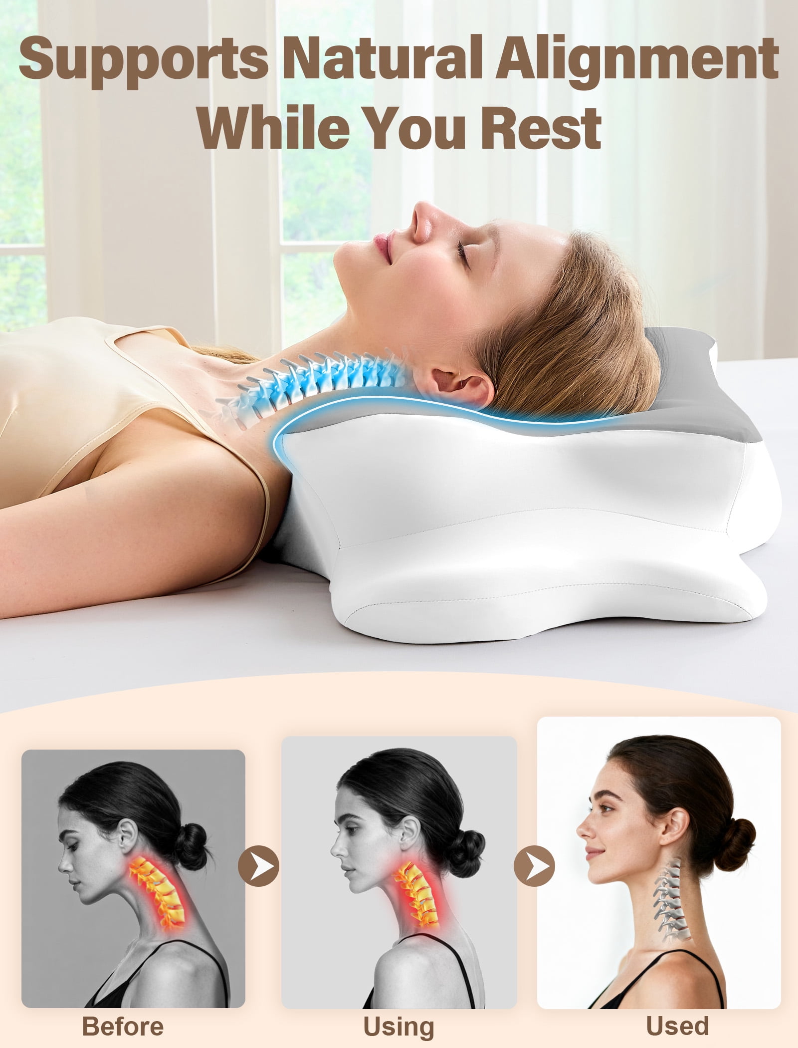 Cervical Neck Pillow for Pain Relief, Contour Memory Foam Pillow for Side & Back Sleepers, Cooling Washable Cover, Dual Height 4.2”/5”, Queen