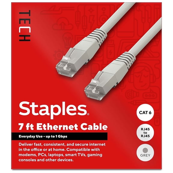 Staples TECH 7 ft. Cat-6 Ethernet Cable Male to Male Gray (ST62453)