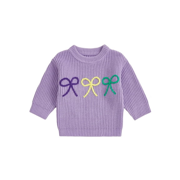 Spewahor Toddler Girl MardiGras Sweater Bow Embroidered Crew Neck Long Sleeve Pullover Chunky Knit Tops