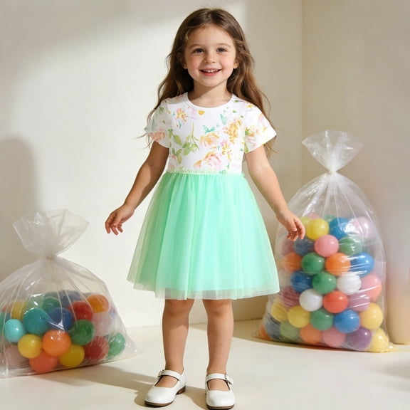 CUZIBR Baby Girls Girl'S Easter Bunny Dresses Casual Short Sleeve Crewneck Lace Tutu Tulle Dress Loose Tiered Layering Midi Casual Comfortable Cozy Sundress Prom Ball Gown,Green,2-3 Years