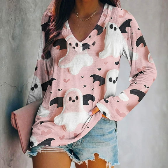 CLOISE Womens Halloween Shirts Fashion Halloween Ghost Graphic Tops Long Sleeve V Neck Raglan Shirts Flowy Tunic Comfy Blouses Boo Season Outfits Gift