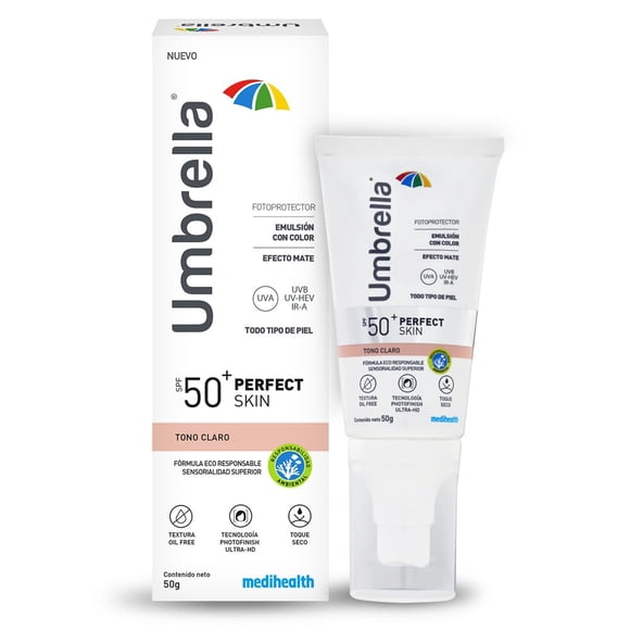 Umbrella Perfect Skin Tono Claro | Base Fluida Tipo Maquillaje con Protector Solar Facial SPF 50+ | Corrector de Imperfecciones de la Piel | Todo Tipo de Piel (Normal-seca, Mixta-grasa) | Efecto MATE