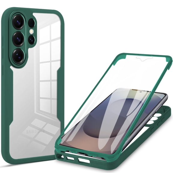 TECH CIRCLE for Samsung Galaxy S26 Clear Soft TPU PC Case with Screen Protector, [Transparent Anti-Yellowing] Full Body Shockproof Protection Silicone Bumper Rugged Phone Cover,Darkgreen