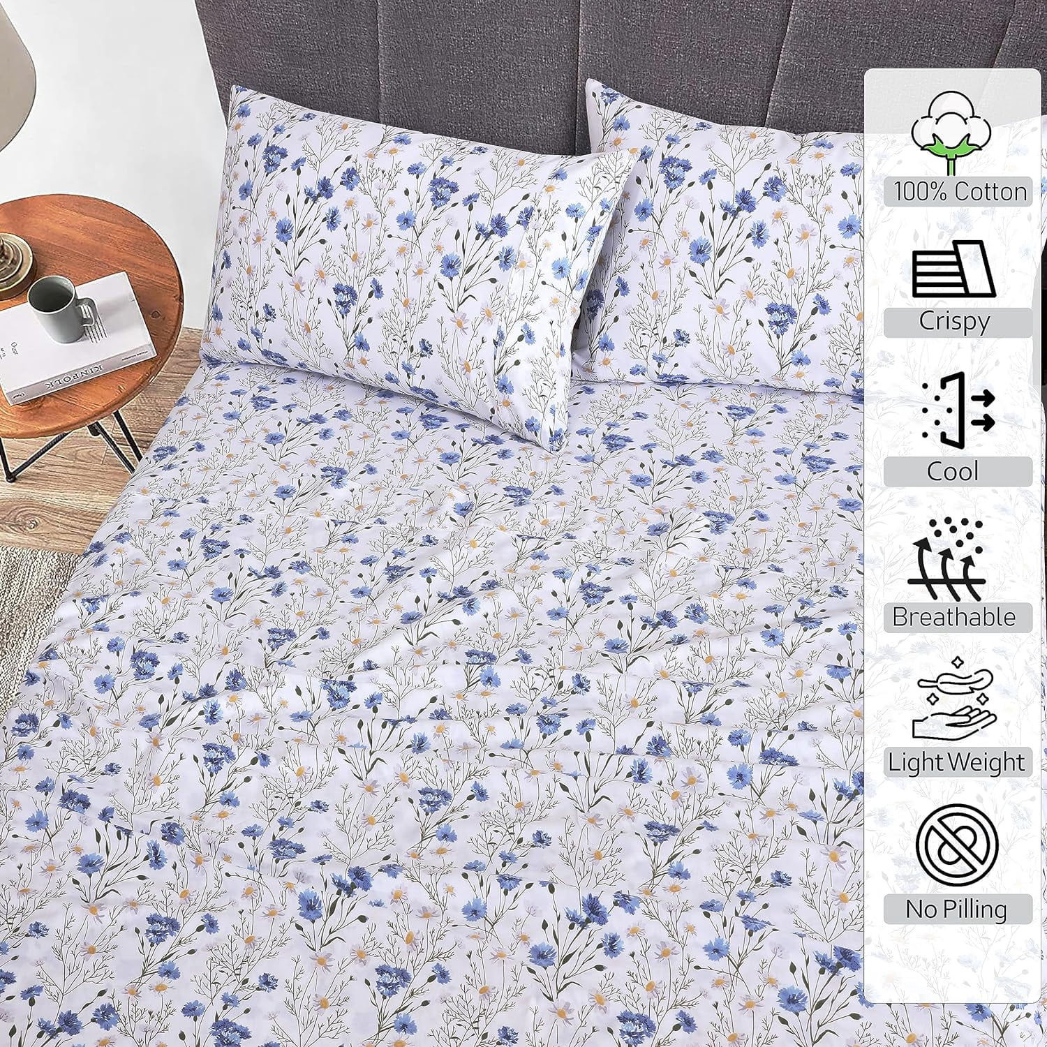 RUVANTI 100% Cotton Sheets – Full Size Percale Bedding, Cooling & Breathable Floral Design, Durable with a Crisp, Soft & Comfortable Feel, 16" Deep Pocket, 4-Piece Set, Sweet Pea