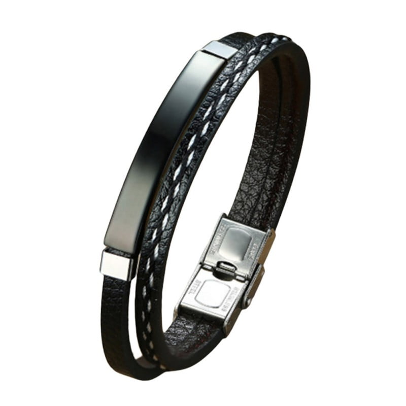 Fathers Day Men's Stainless Steel Link and Woven Black Leather Bracelet 