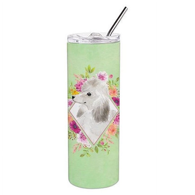 Caroline's Treasures Gobelet Mince en Acier Inoxydable à Double Paroi 20 oz Fleurs Vertes Standard Poodle Blanches