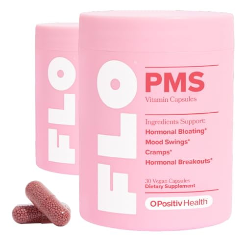 O Positiv FLO PMS Vitaminas para mujeres, 30 porciones (paquete de 2) - Alivio proactivo del PMS - Se enfoca en brotes hormonales, hinchazón, calambres y cambios de humor con sauzgatillo, vitamina B6