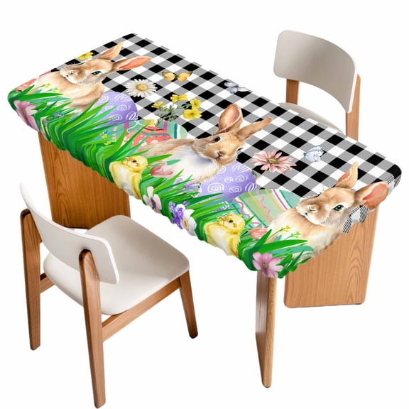 Easter Bunny Table Cloths for 6 Foot Rectangle Tables, Spring Easter Eggs Chicken Black White Plaid Patio Waterproof Elastic Fitted Tablecloths, Washable Rectangular Table Cover for Camping