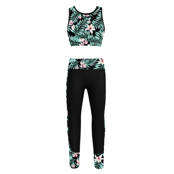 MSemis Kids Girls Athletic Sport Crop Top with Leggings Digital Printed Love Dance 2 Pieces Mesh Outfit