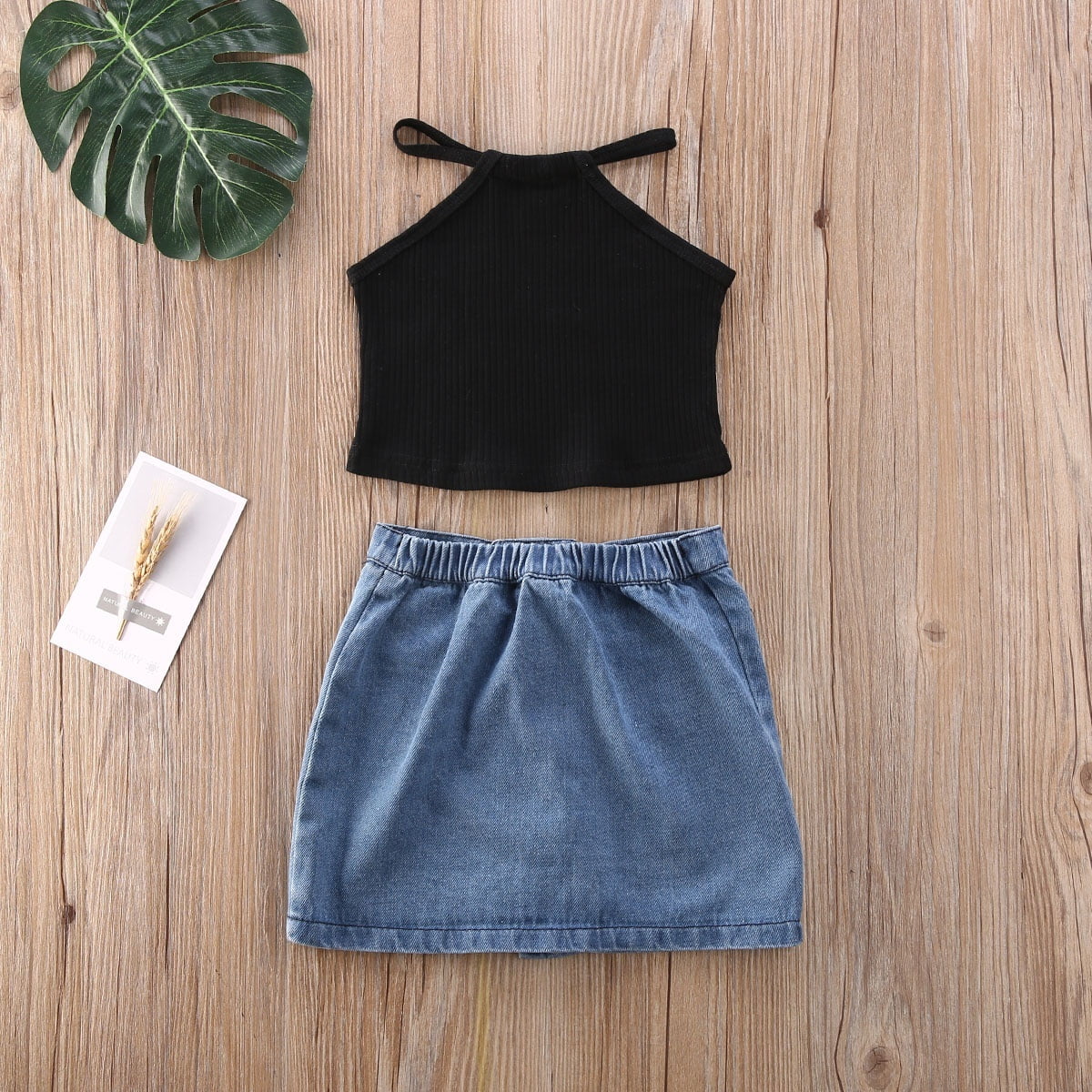 1-6Y toddler Kids Girl Kid Child Black Crop Tee Denim Skirt