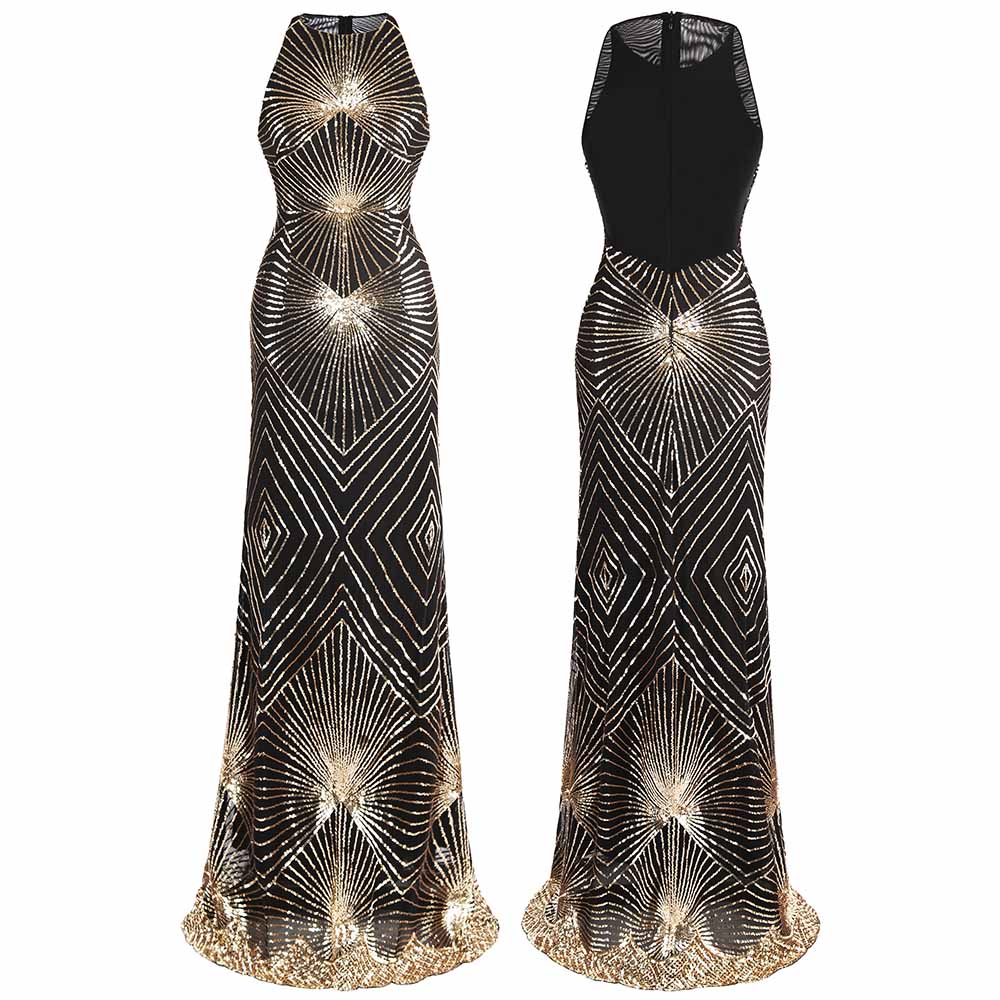 Angel Fashions Abito Lungo Da Sera Con Paillettes Oro, Scollo Alto E Top Trasparente, Vestito Elegante Per Matrimoni E Feste