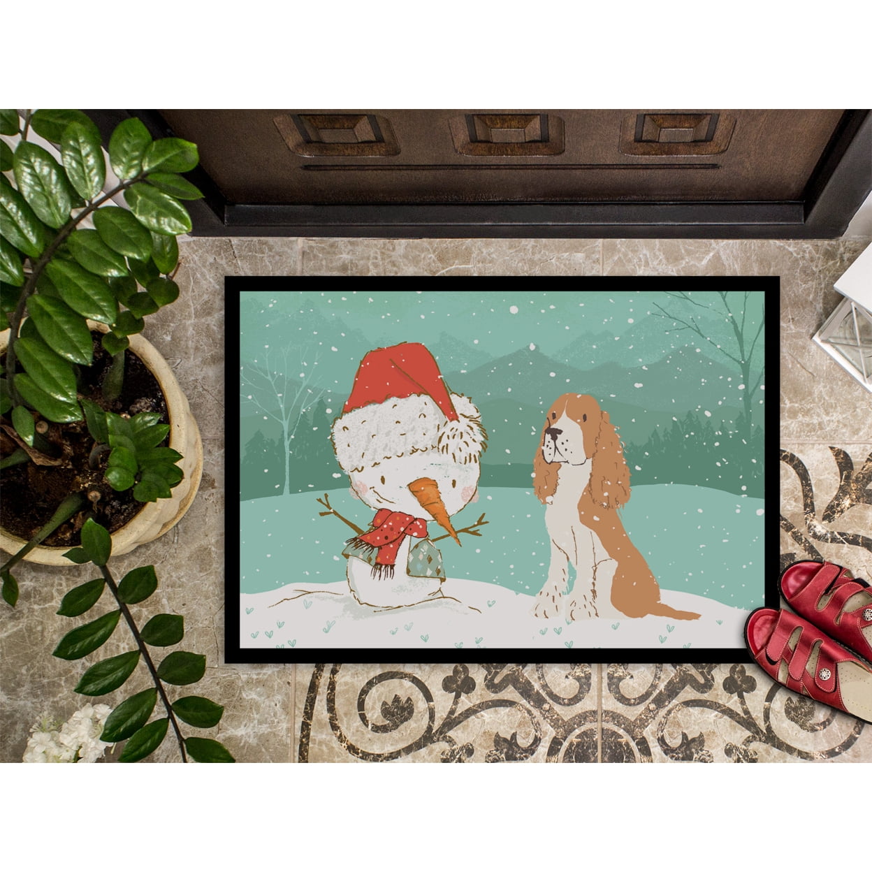 Red Spaniel Snowman Christmas Door Mat