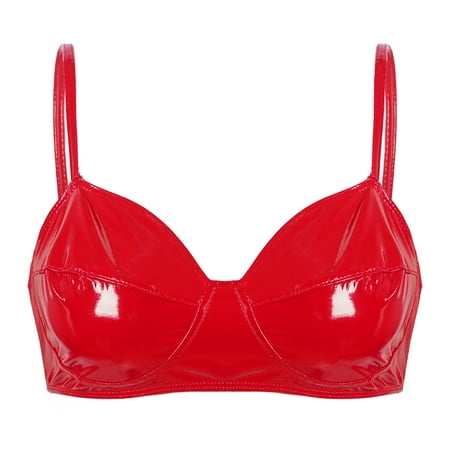 Yhong Women s Wet Look PVC Leather Wire-free Unlined Bra Tops Triangle Bralette Lingerie Red S