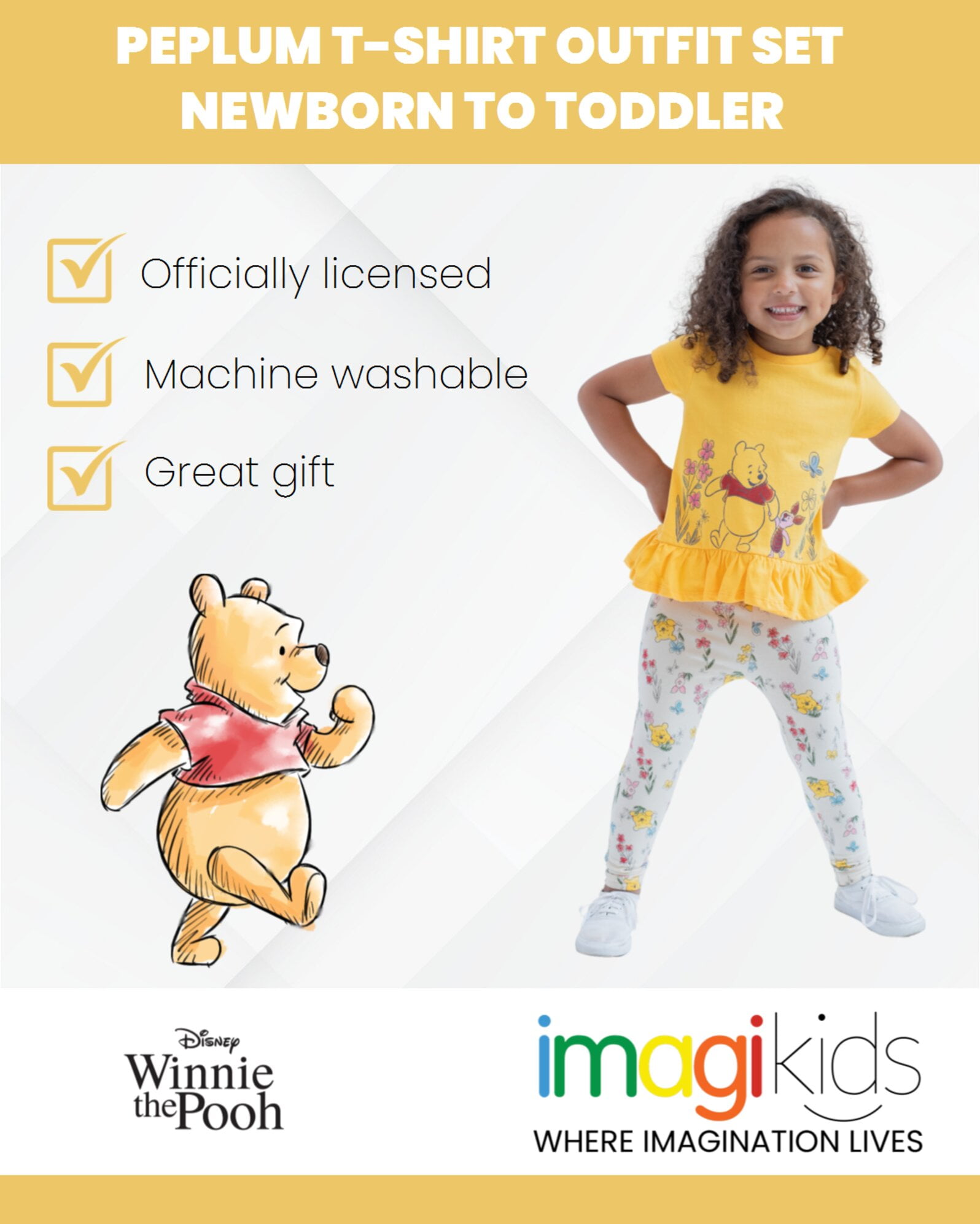 Disney Winnie the Pooh Piglet Infant Baby Girls Peplum T-Shirt and Leggings Outfit Set Newborn to Toddler
