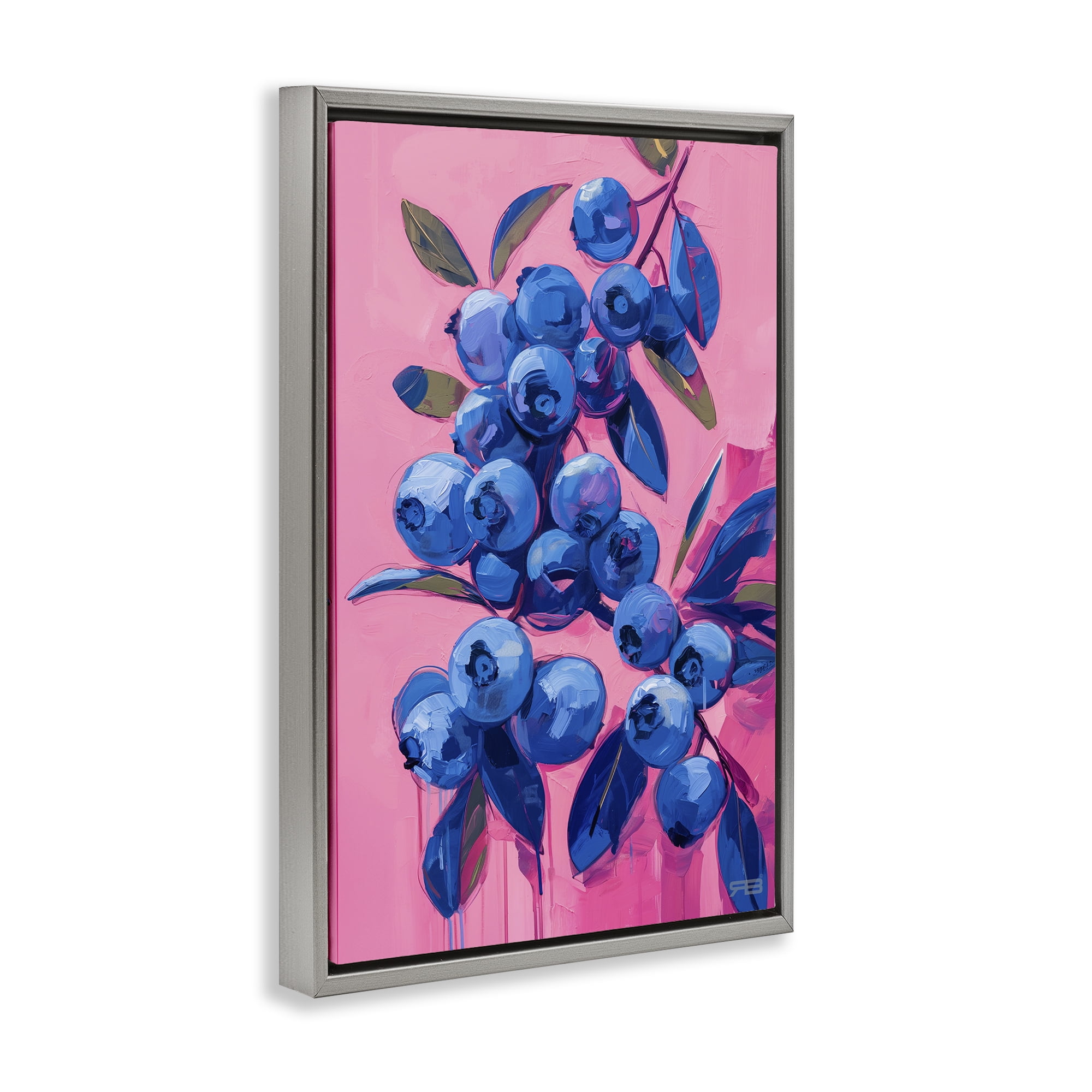 Stupell Industries Vibrant Blueberries on Pink Food & Beverage Painting Gray Floater Framed Canvas Art Print Wall Art, 17 x 25