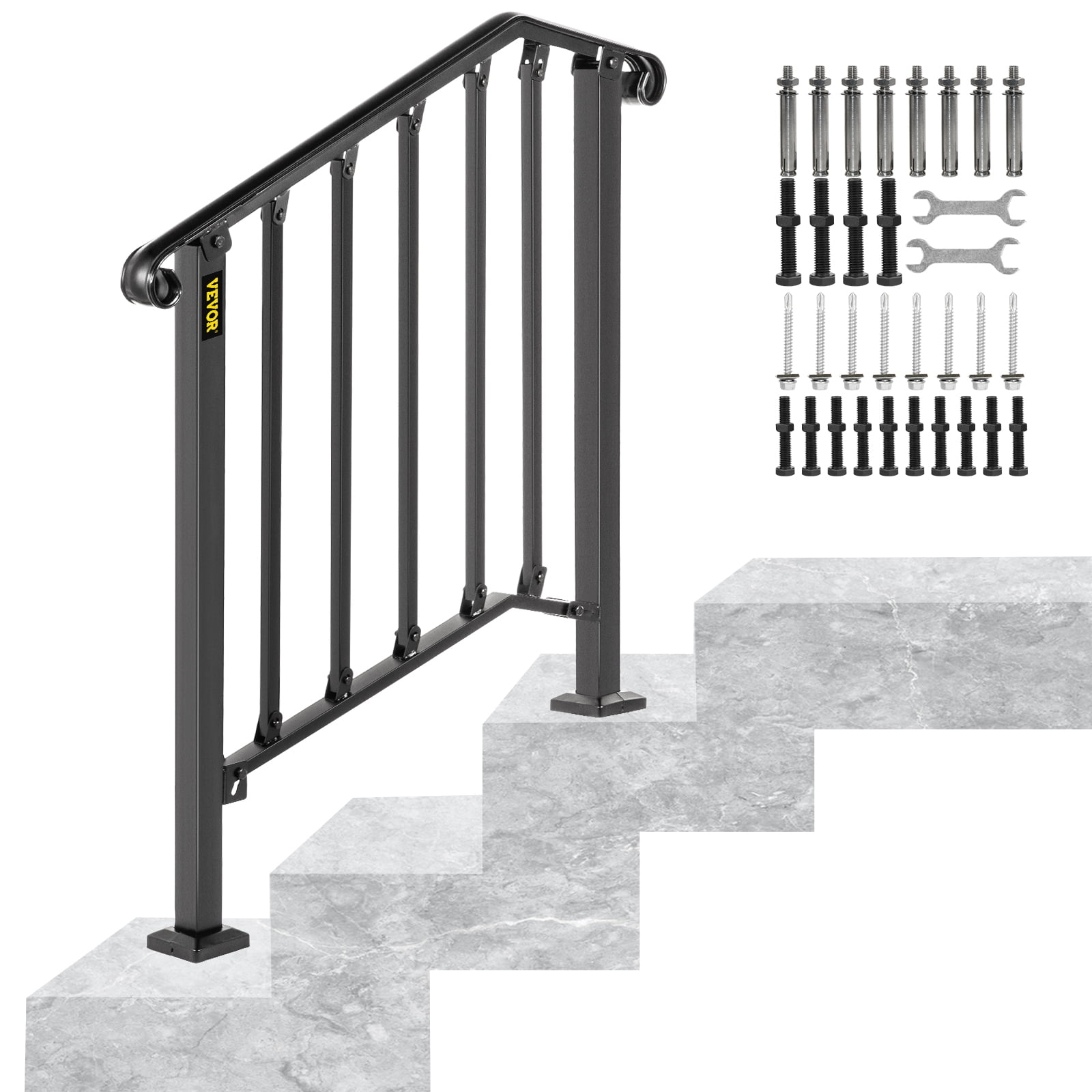 VEVOR Iron Handrail Picket Fits 2 or 3 Steps Stair Railing Hand Rail for Outdoor 