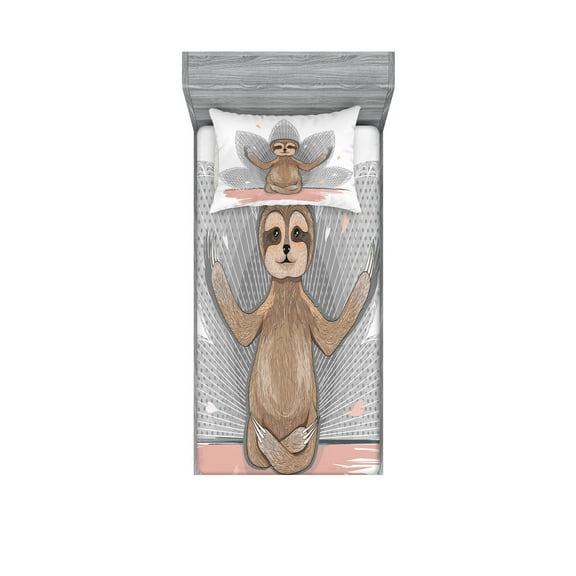 Ambesonne Sloth Fitted Sheet & Pillow Sham Set, Little Sloth, Twin, Pink Brown Grey