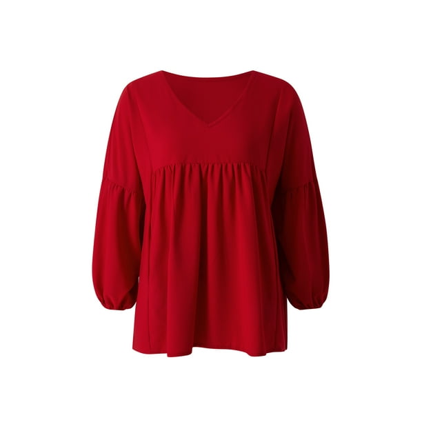 Sunloudy - Camiseta de verano con cuello en V para mujer, casual, manga larga, color sólido, túnica holgada Sunloudy moda