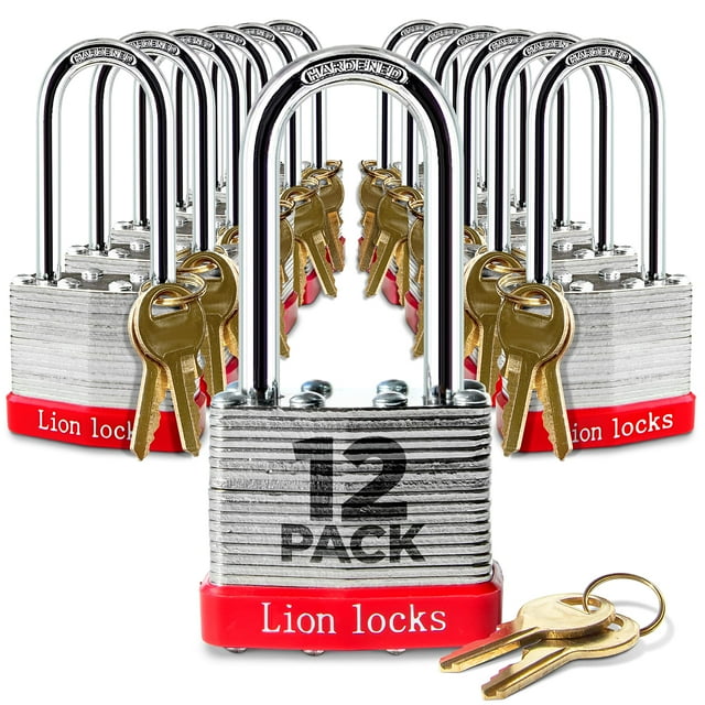 Candado con forma de león con 12 llaves iguales y 2 grilletes largos de 24 llaves